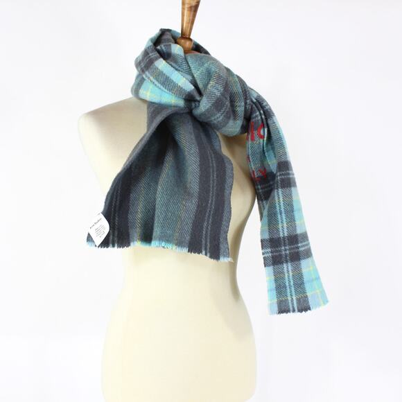 Acne Studios Wool Plaid Scarf Wrap Grey Light Blue Red Raised Logo Instructions - Picture 5 of 7